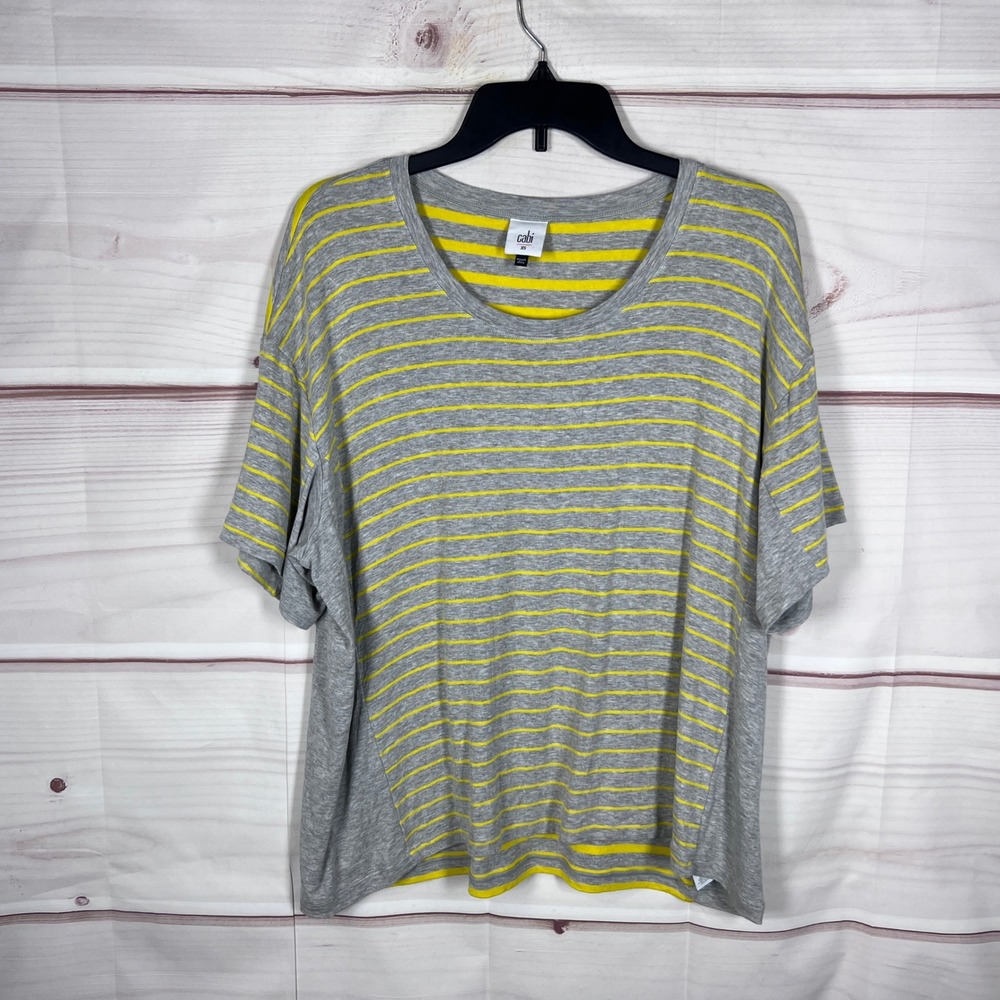 CAbi T-Shirt Womens XS Gray Yellow Stripe Short Sleeve 6131 Casual Oversized Top